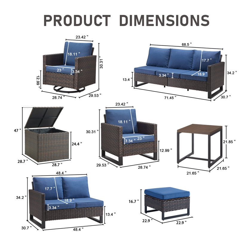 Ingvald 9-11 Person All-Weather Wicker Outdoor Conversation Set Seating Group With Swivel Chairs, Blue