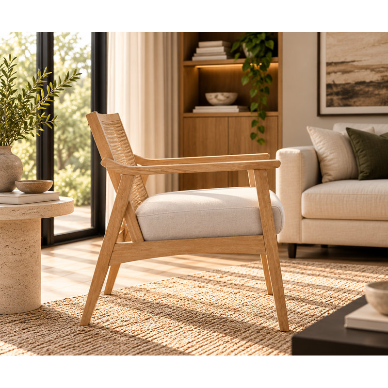 Pangea Home Jac Lavanda Cane Lounge Chair – Modern Accent Chair with Natural Woven Cane Backrest & Bone FULLY Assembled Upholstered Seat for Living Room, Office, or Bedroom - Beige Cane Chair
