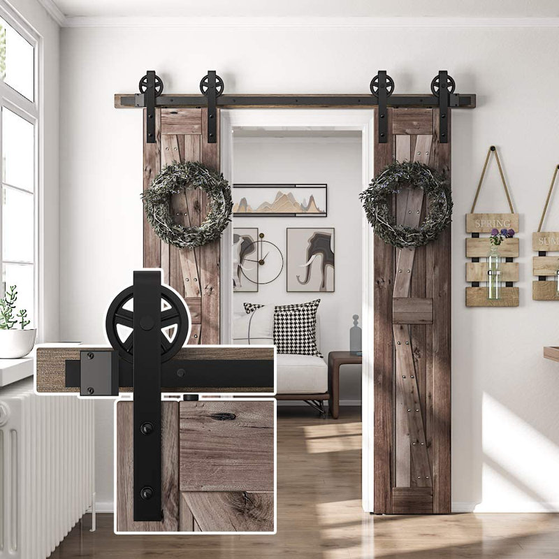 Matte Black Double Barn Door Hardware Kit with Spoke Wheel
