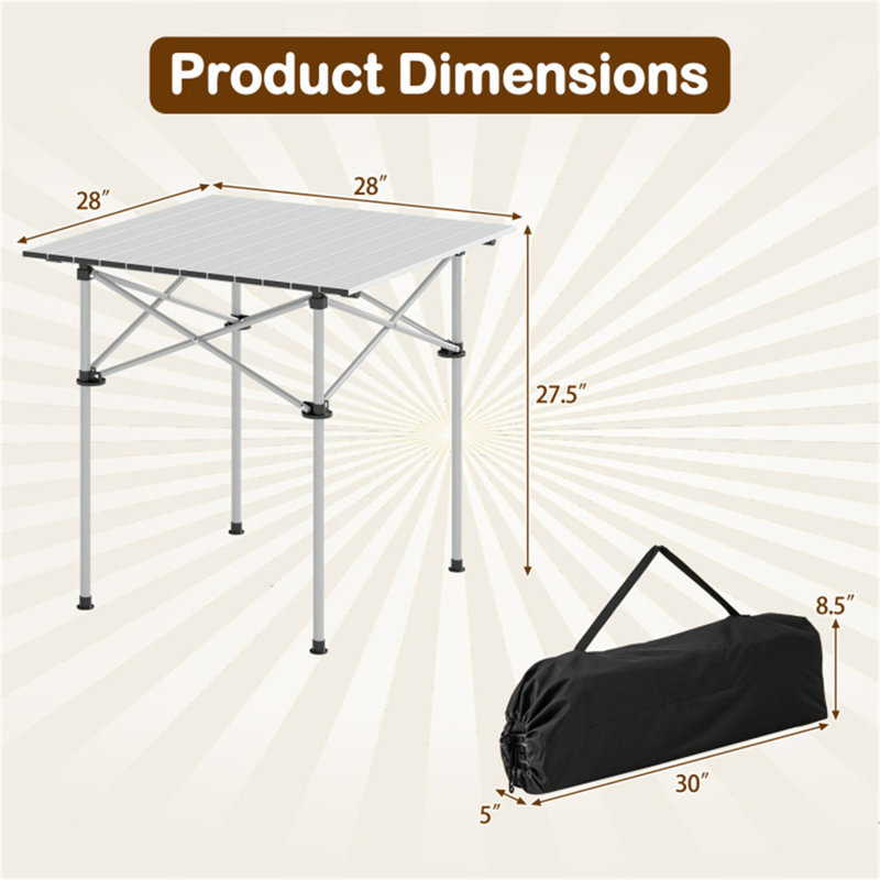 Pliant de camping - 28 x 28 x 27,5 pouces - Aluminium - 1 pièce - Table de camping - Argent - Pliable avec sac de transport