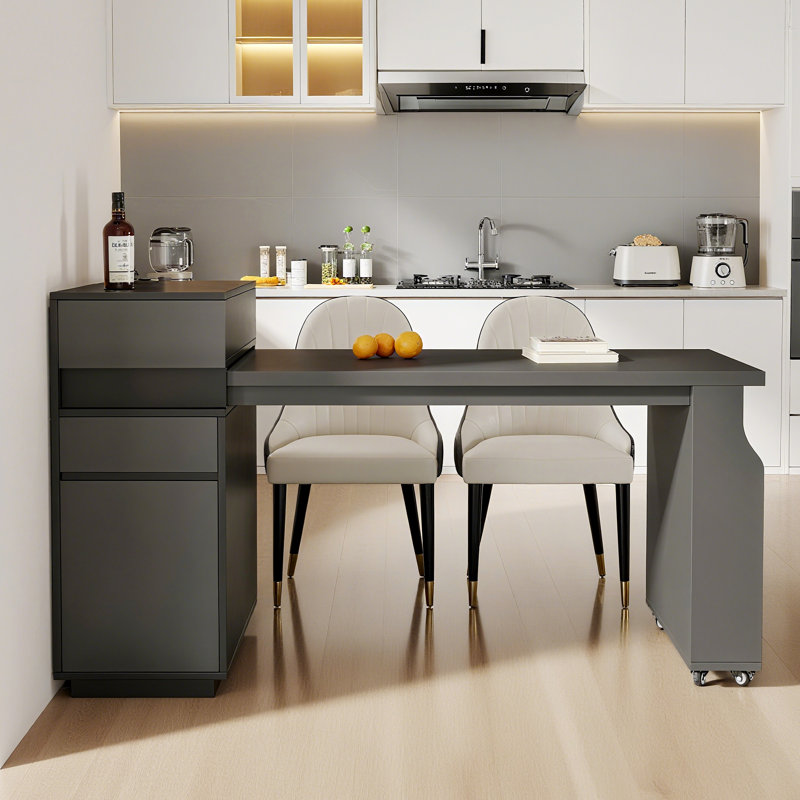 Modern Black Kitchen Island & Desk Combo With Mobile Storage, Drawers & Open Shelves