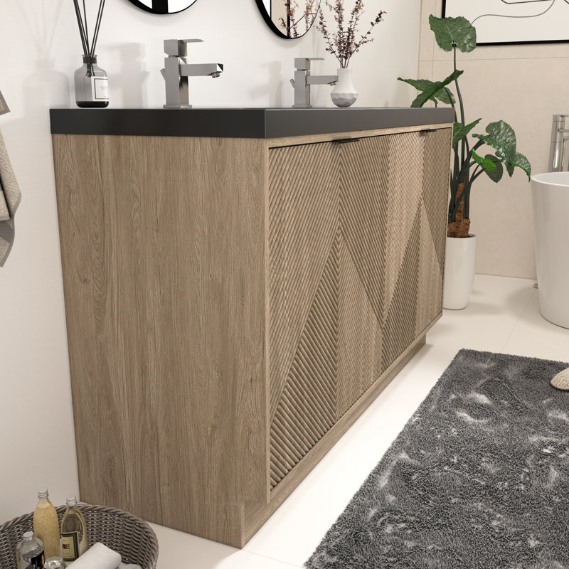 Meuble-lavabo autoportant 59 po Monterey + lavabo double en acrylique renforcé noir, Marron clair