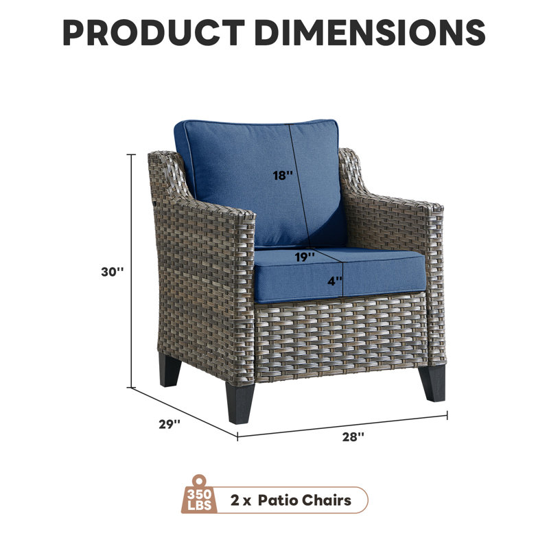 Wicker Outdoor Lounge Chair, All-Weather Wicker Armchair With 4 Inch Cushions For Patio Or Backyard Porch (2-Pack), Blue