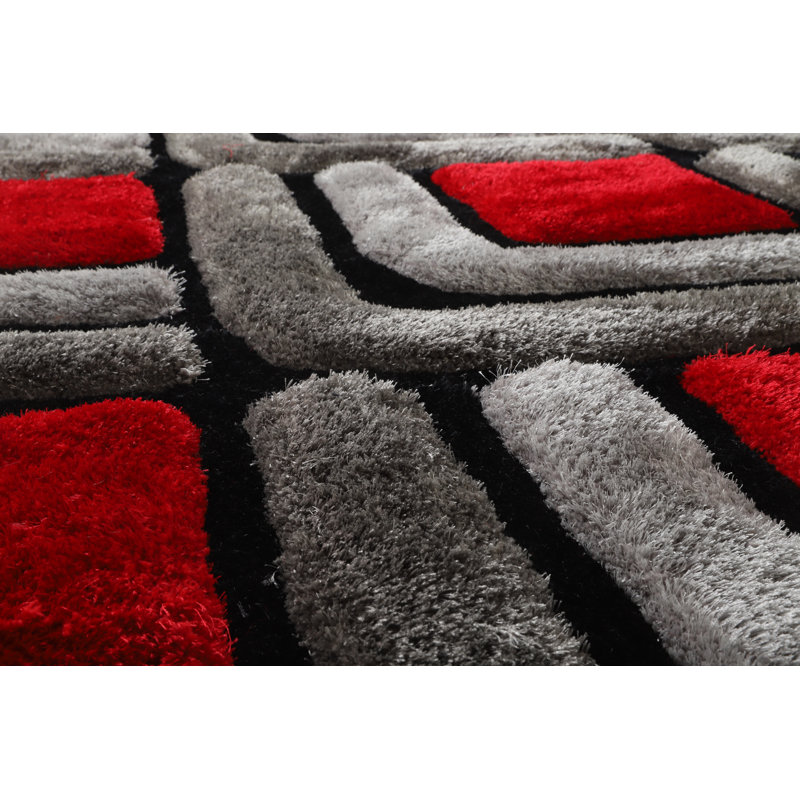 Tapis rouge / gris à poils longs Corey-Leigh, Rond 7 pi