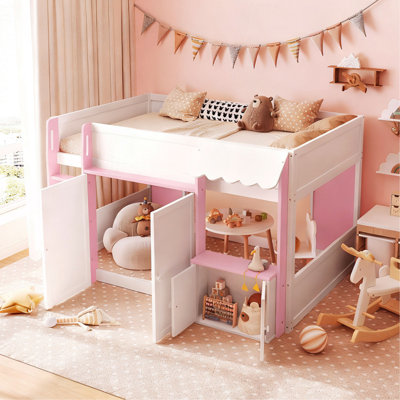 Lit mezzanine double avec maisonnette et rangement, lit en bois moderne pour enfants / adolescents