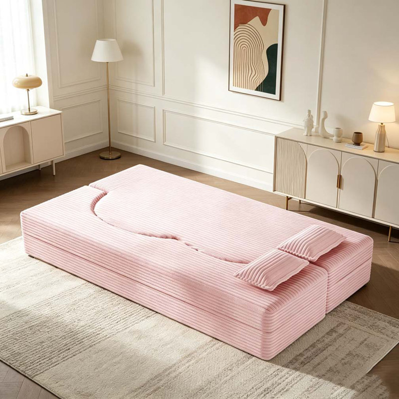 Modern Floor Sofa with 2 Pillows, Corduroy, Baby Pink