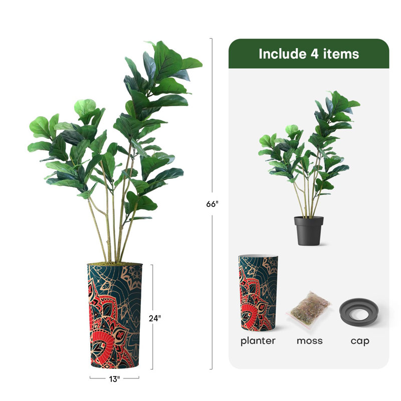 Arbre artificiel en pot moderne Ficus Lyrata, Mandala rouge