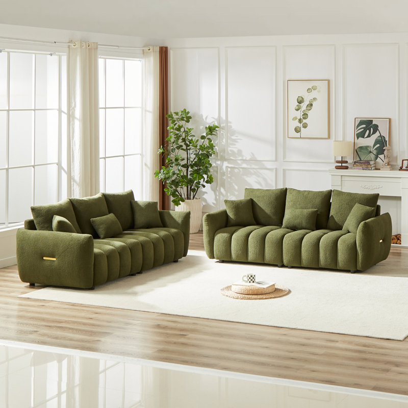 Canapé moderne à 3 places + 3 places, canapé en peluche, structure en bois, 6 coussins, mobilier d'appartement, Vert