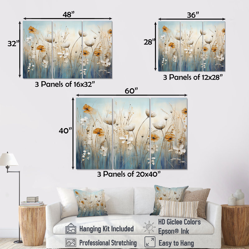 Ensemble de salon Beige Wildflowers Floral Elegance II - Wildflowers, Toile tendue, H 32 po x l 48 po x P 1 po
