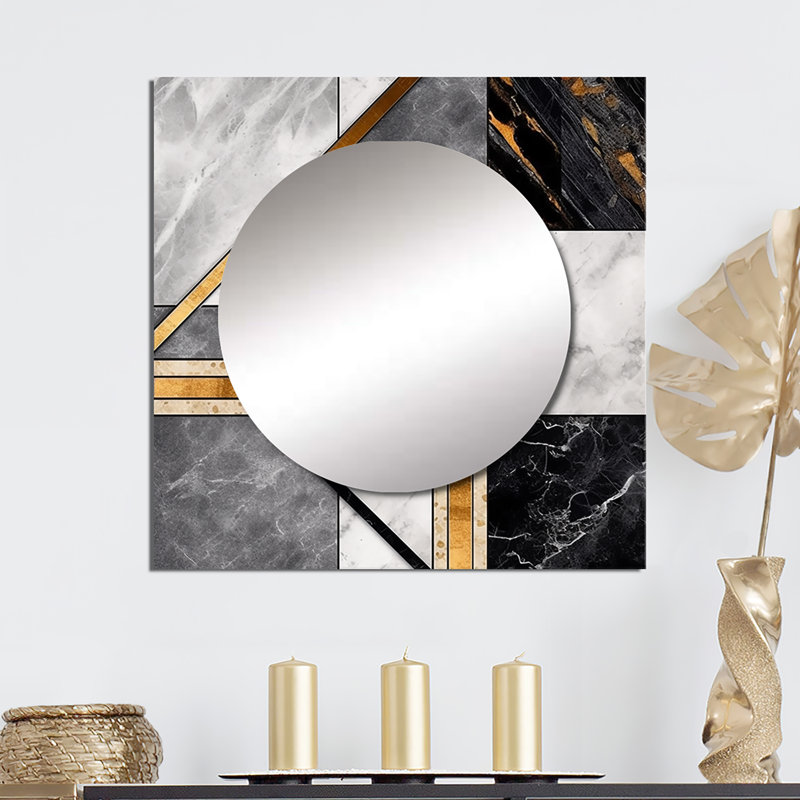 Angelyssa - Marble Granite Agate With Touches Of Gold VIII Geometric Large Square Mirror For Wall Art Decor, 23" x 23"