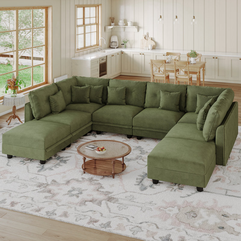 Degennaro 8 Seat Corduroy Convertible Modular Sectional Sleeper With Storage, Green Corduroy