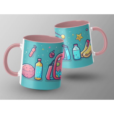 Kids Drawing Style 11oz Accent Mugs – Ceramic Coffee Cup with a Pink Handle and Interior