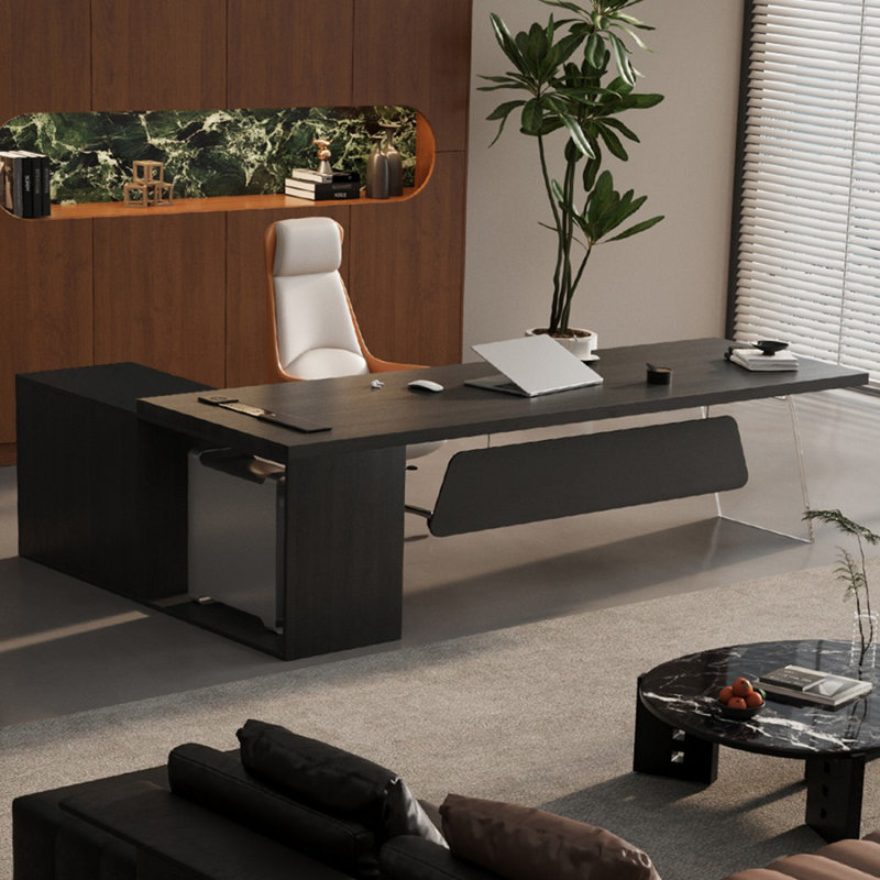 Bureau de direction rectangulaire noir en bois massif + acrylique + fer, 29.53" H x 62.99" W x 55.12" D, Retour à droite