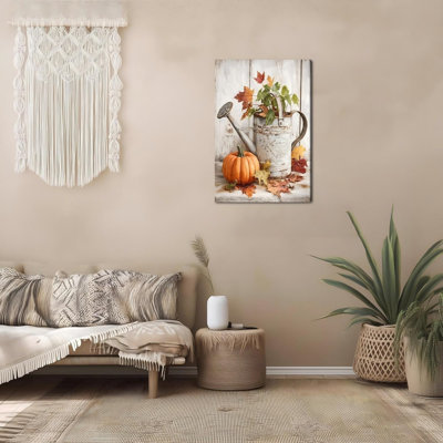 Citrouille et arrosoir, feuilles d'automne, art mural 24 po x 32 po