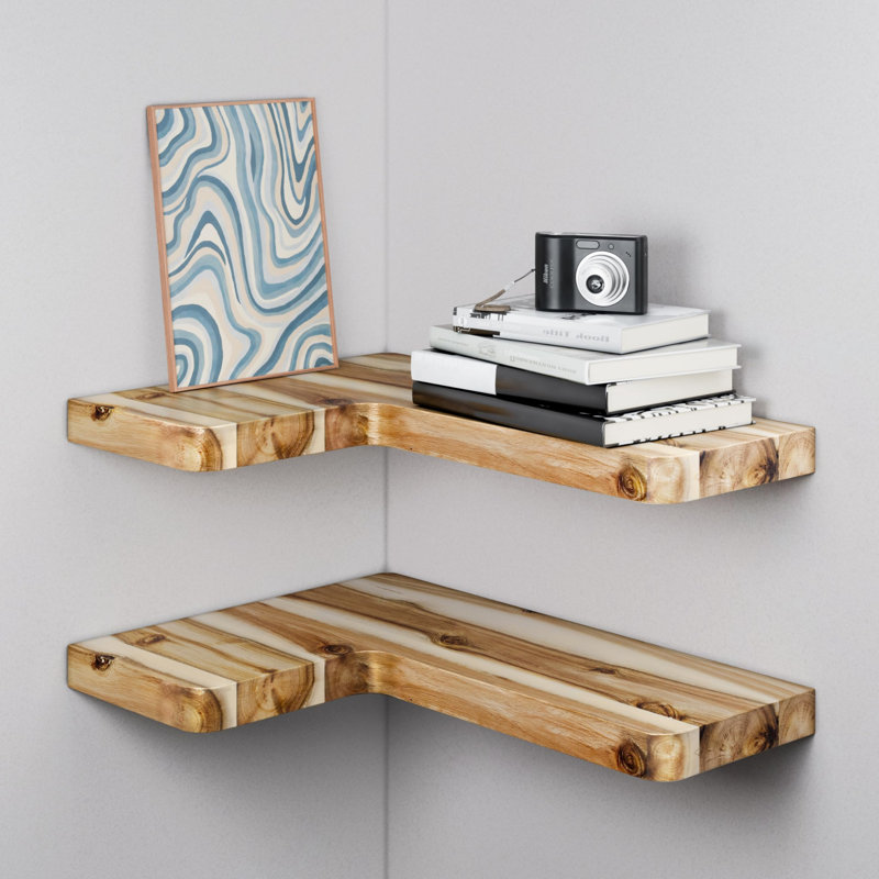 2 Piece L-Shaped Acacia Floating Shelf, Oak