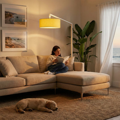 Stretch 75"H 1-Light Chairside Arc Lamp, Mustard Linen Shade, White Body, Dimmable, for Living Room or Bedroom