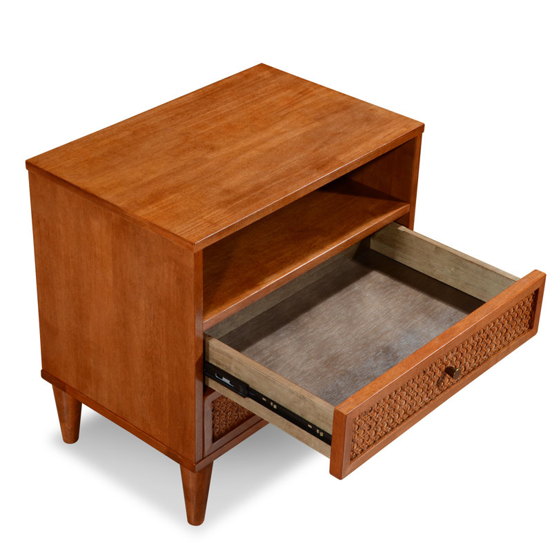 Ingraham 23.6" W Mid-Century Modern Solid Wood Cane 2-Drawer Nightstand & Open Shelf, Brown