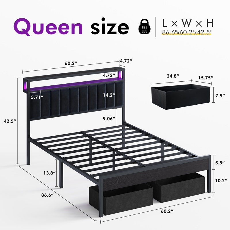 Tryston Queen Bed Frame With Led Lights & 2 Storage Drawers, Black, Queen, Black