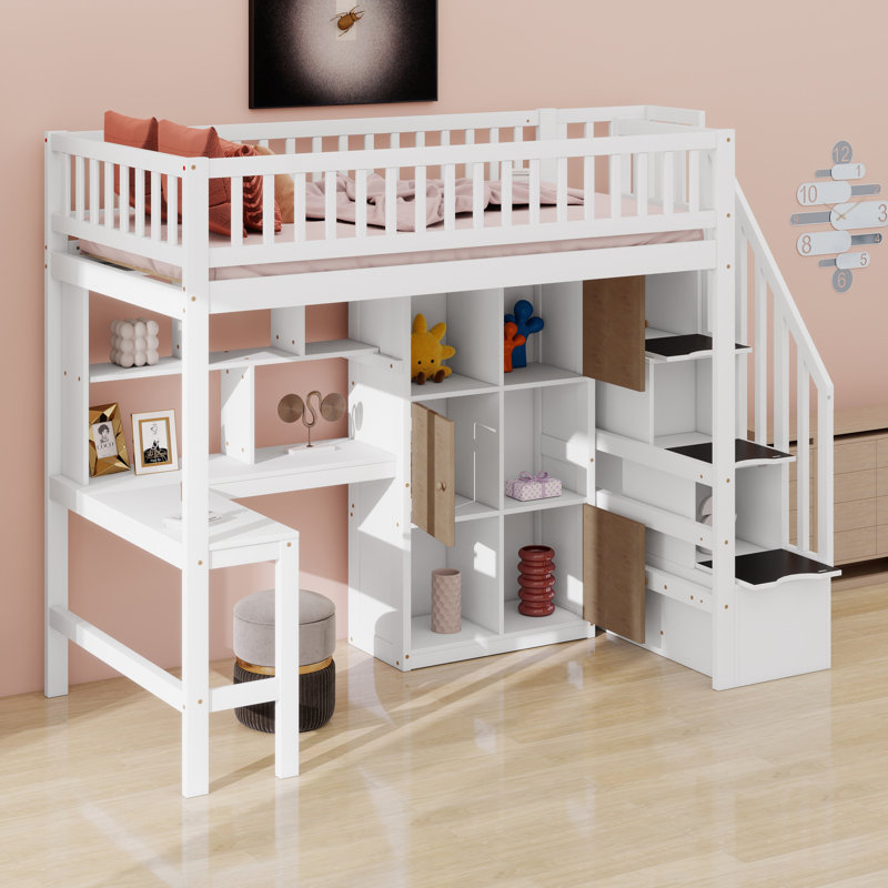Structure de lit mezzanine multifonctionnelle en bois peu encombrante avec bureau, escalier, bibliothèque et tiroirs de rangement