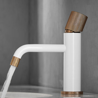 Contemporary White & Rose Gold Bathroom Basin Tap - Deck Mounted Handle Mixer Faucet One Ceramic Filler