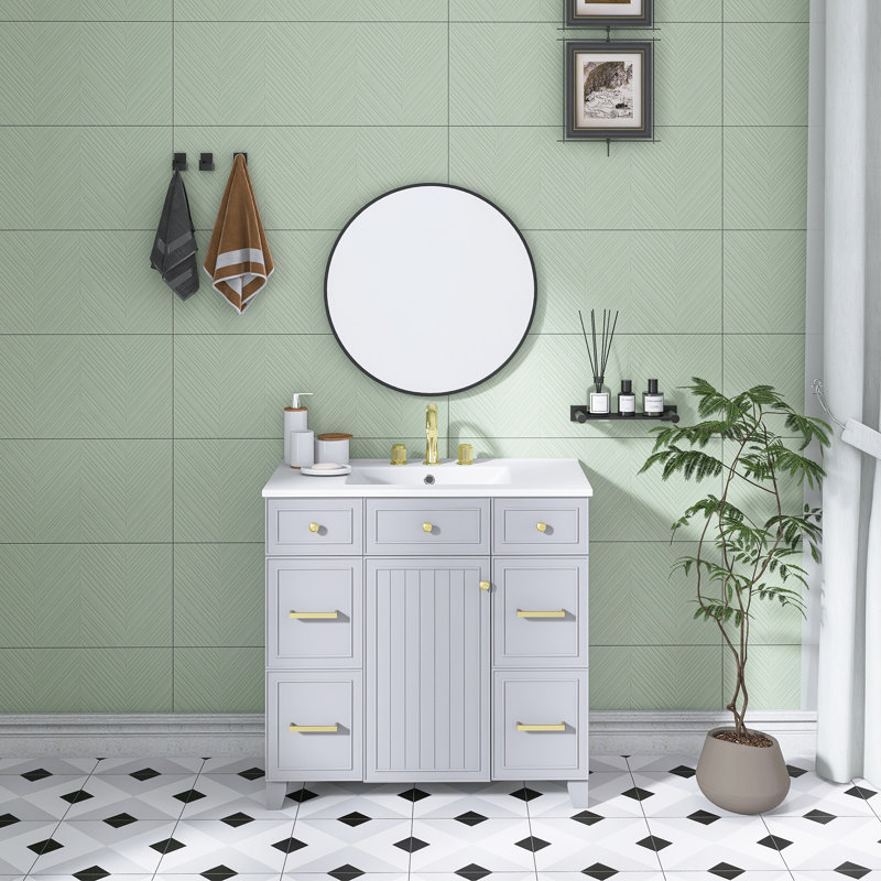 36 pouces Meuble-lavabo gris avec lavabo en céramique | Structure en bois massif | Portes à fermeture en douceur | Tablettes réglables | 3 tiroirs | Comprend un tiroir à double profondeur pour le rangement du sèche-cheveux