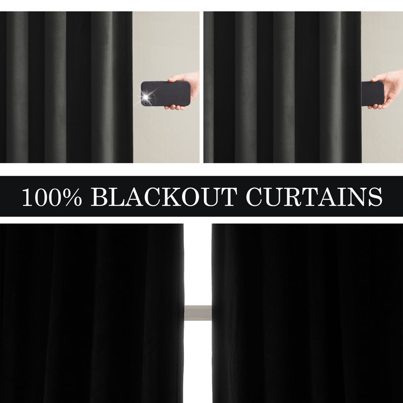 Alicea Velvet 100% Blackout Thermal Curtain Panel, 52" W x 90" L, Black