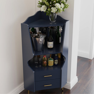 Buffet d'angle à fond miroir bleu, rangement pour bouteilles de vin et petits objets, meuble haut facile d'entretien, 2 étagères ouvertes (verrerie incluse), tiroirs pour petits objets, agencement stable
