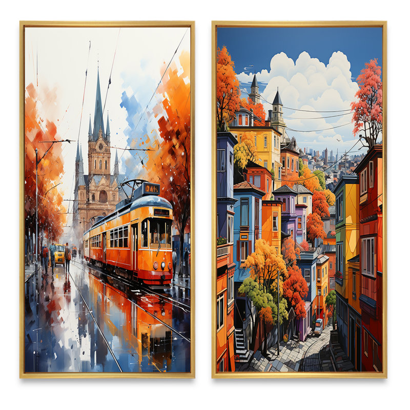 «City Milan Popart», 2 pièces sur toile, Encadrement doré, H 32 po x l 32 po