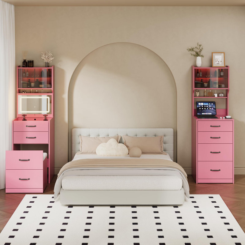 3 in 1 Vanity Desk with 3 Color LED, Compact Makeup Vanity Set with 2 AC Outlets & USB, Dressing Table with Drawers & Acrylic Doors, Nightstand Vanity Mirror, Jewelry Box, Hidden Chair, Pink