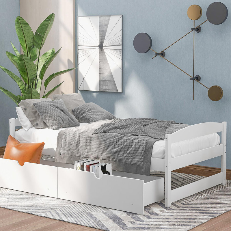 Lit plateforme simple avec deux tiroirs, Blanc