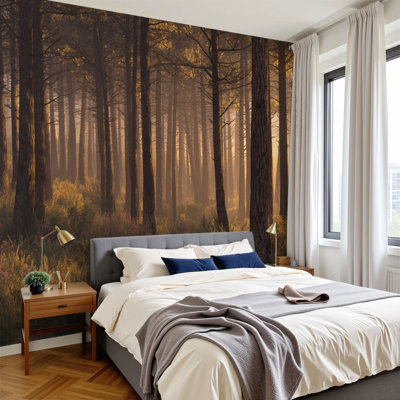 Papier peint adhésif auto-adhésif Mystical Pine Forest Sunrise Golden Mist 100 po x l 144 po