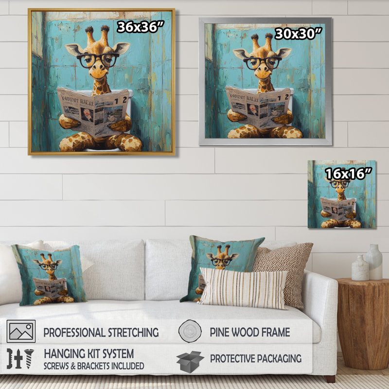 Kenaniah girafe lisant les nouvelles dans la salle de bain - art mural girafe, Toile tendue, Ne s’applique pas