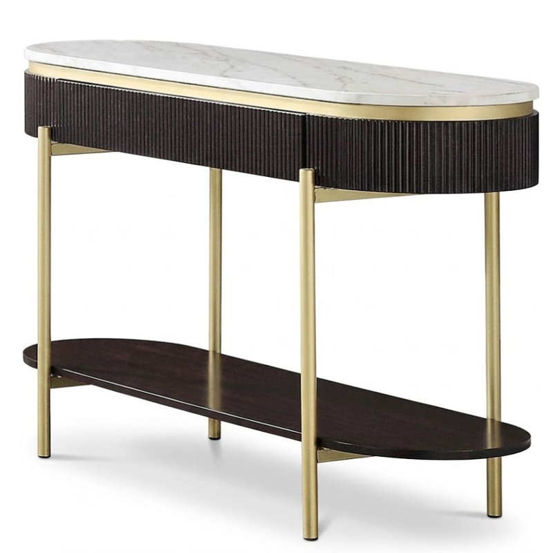 Dominic 48 In. Dark Walnut And Gold Oval Faux Marble Console Table With Fluted Apron