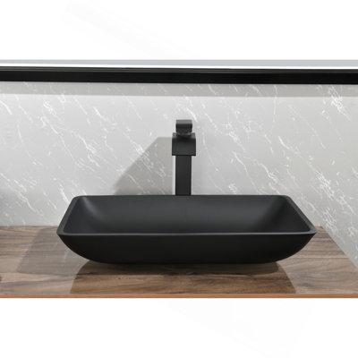 14.38" L -22.25" W -4-3/8 in. H Matte Shell  Glass Rectangular Vessel Bathroom Sink in Black with  Faucet and Pop-Up Drain in Matte Black
