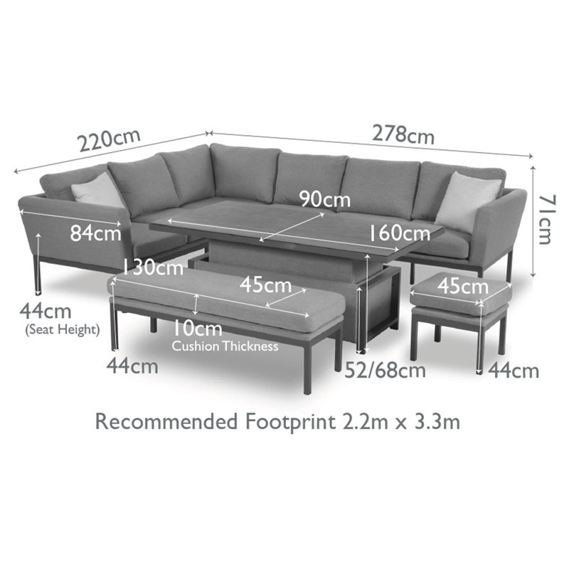 Shady Outdoor Fabric Rectangular Corner Dining Set - with Rising Table - Charcoal