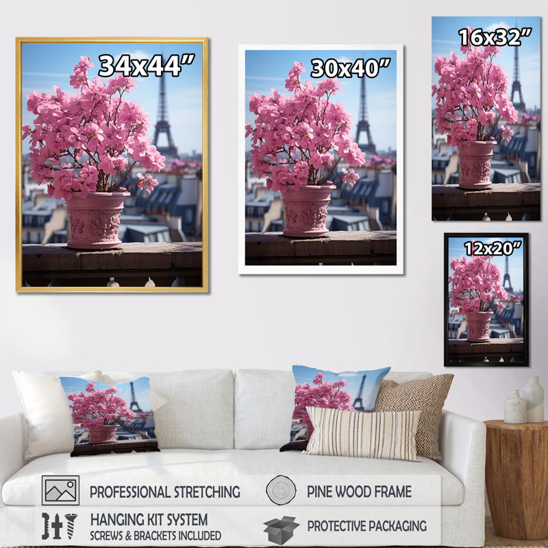 «Pink Paris Parisian Rooftop Views on Toiles», Cadre photo doré, H 32 po x l 16 po x P 1 po