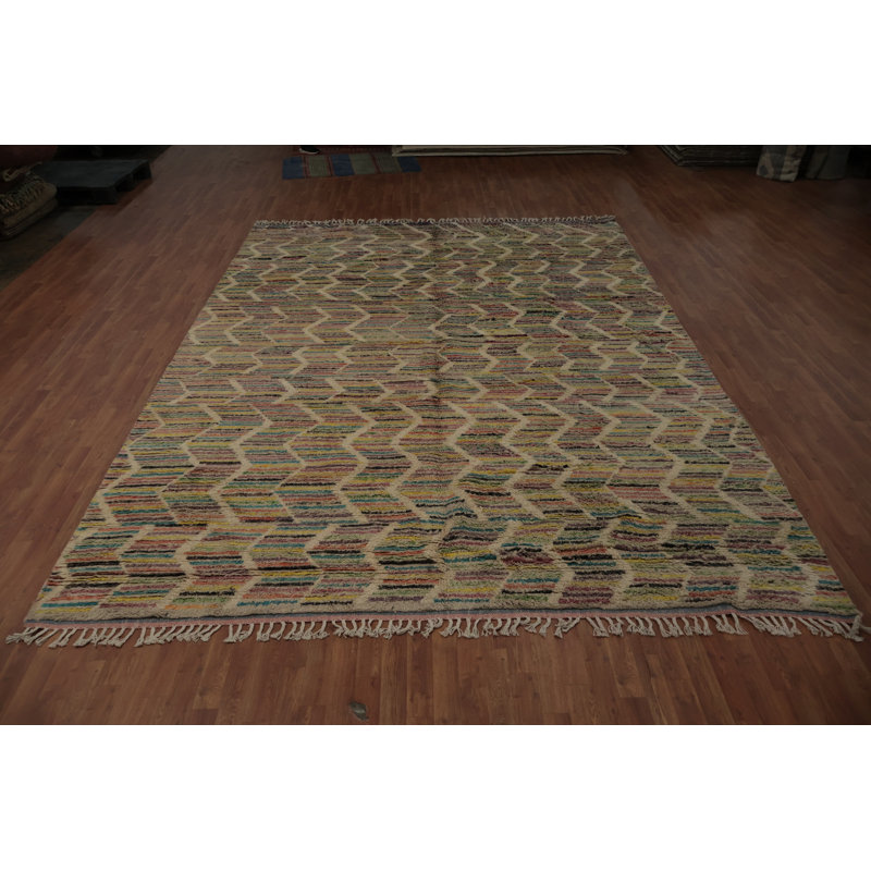 Grand tapis marocain rustique 10 x 14 avec un motif en zigzag unique