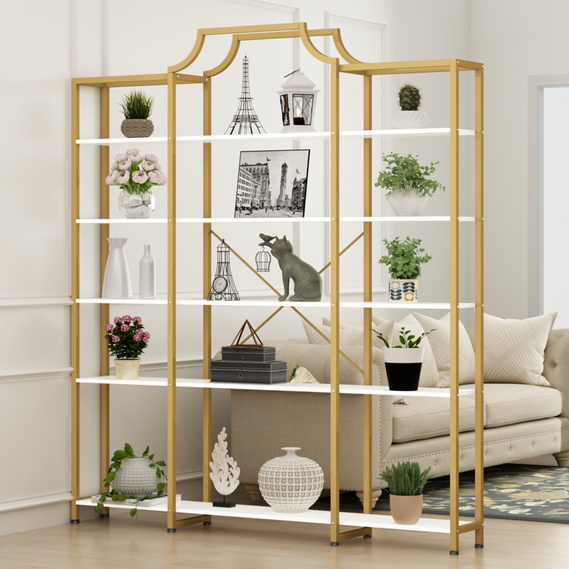 Kaeb Triple Wide 5-Tier Bookshelf, 70.87" L x 79.13" H Extra Large Bookcase, Tall Metal Display Shelf, Gold/White