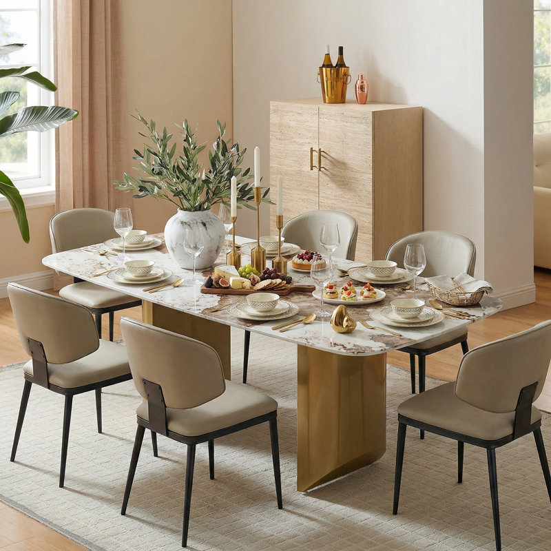 Table de salle à manger moderne de 63 po pour 4 à 6 personnes Hugette, table de cuisine rectangulaire avec plateau en pierre frittée et pieds en acier inoxydable, table de salle à manger de luxe pour le salon, or (table seulement)