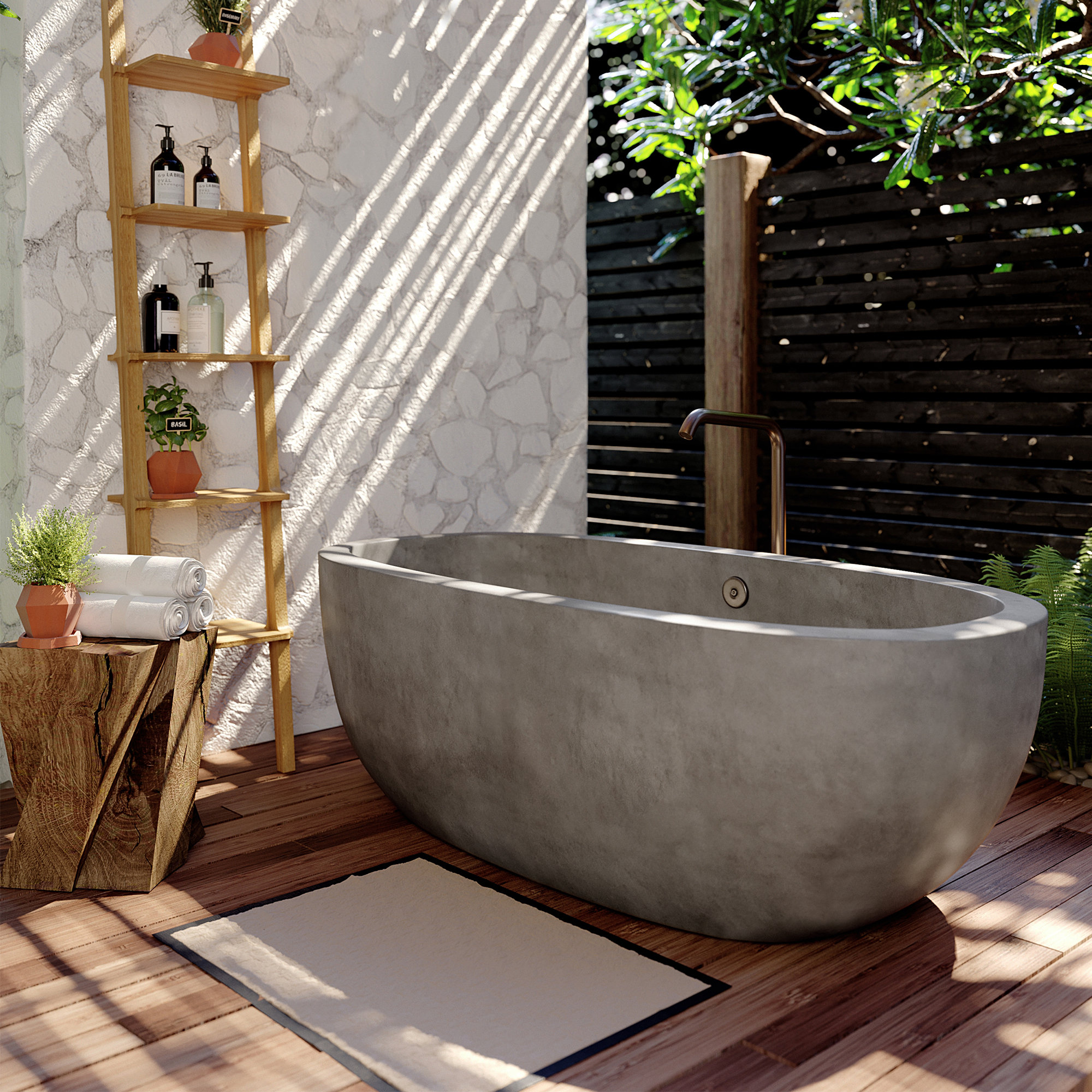 Avalon NativeStone Concrete Freestanding Oval Soaking Bathtub, Ash, 23" H x 36" W x 72" L