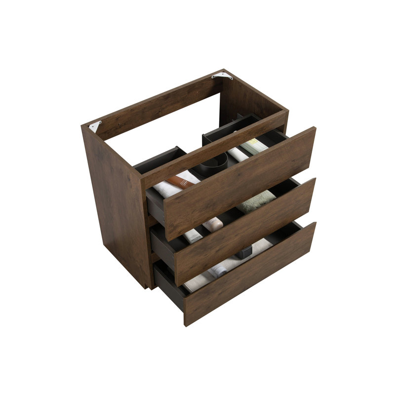 Armoire de plancher SANS lavabo, couleur noyer, avec trois tiroirs, pré-assemblée