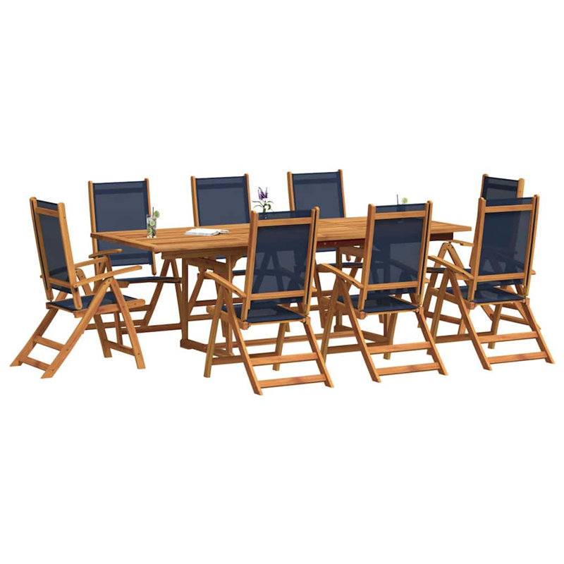 Patio Dining Set Extendable Rectangular Table, 8 Pieces: Table, 7 Chairs, 75cm H x 150cm W x 100cm D, Blue