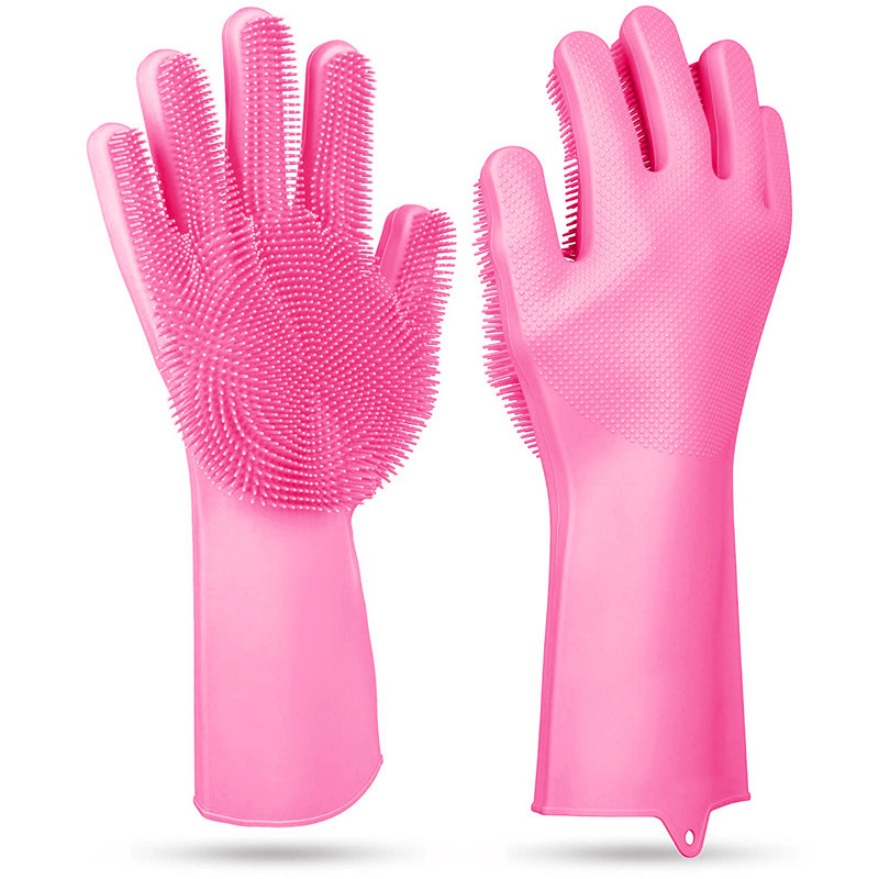 1 paire de gants de lavage en silicone pour brosse à vaisselle en éponge, Pink