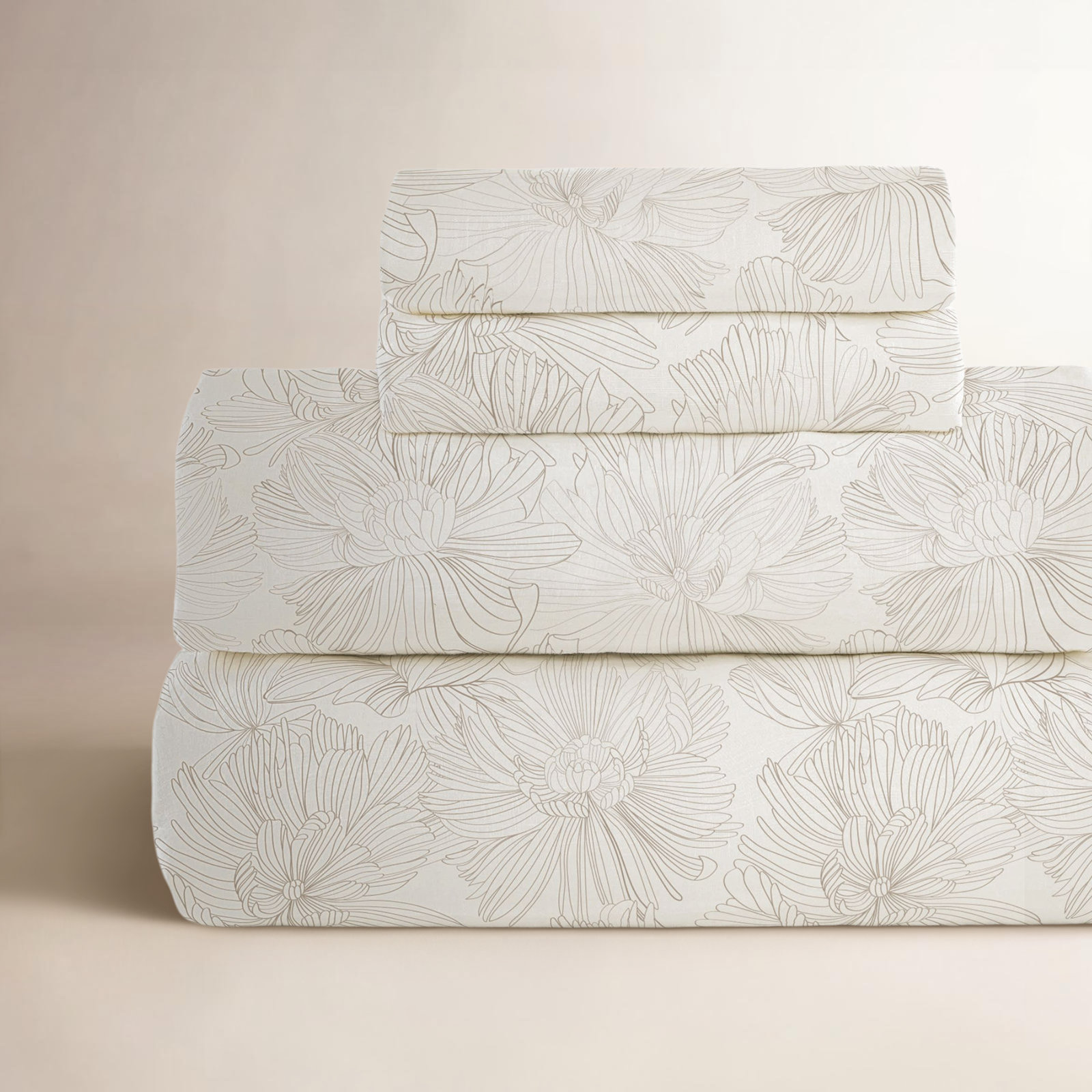 100% French Linen Sheet Set, Queen Sheet Set with 2 Pillowcases, Cream/Putty Floral