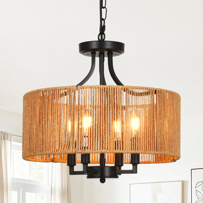 4 - Light 15.75 inch Boho Rattan Farmhouse Drum Chandelier for Bedroom Dining Room Foyer