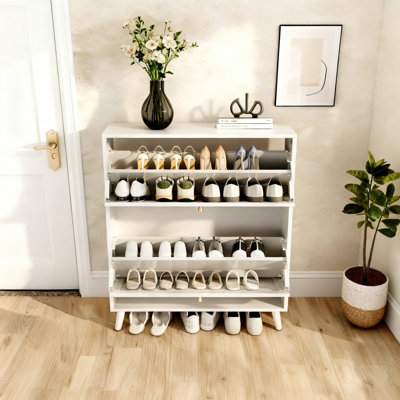 16 Pair Shoe Cabinet With 2 Flip Drawers And Adjustable Shelves, Freestanding Shoe Storage Organizers With Fluted Arched Pattern