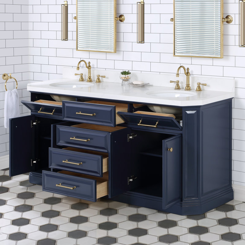 Palace 72" Carrara Quartz Countertop Bath Vanity in Monarch Blue with Faucet and Mirror
