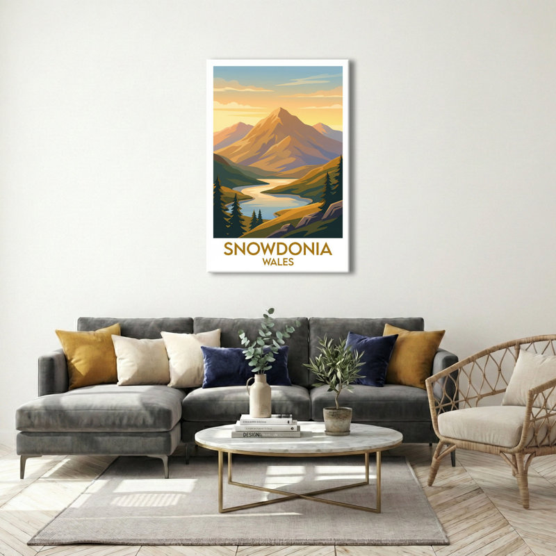 Snowdonia, Wales - Romantic Mountain Travel Poster Of Peaks, Lakes And Welsh Landscapes. Giclee Print On Wrapped Canvas. Wall Art, Home Decor - Regions & Scenic Areas, Wales - Wrapped Canvas Print