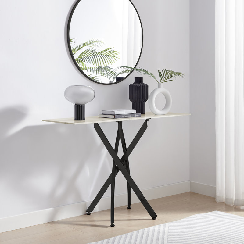 Atal Marble Effect Console Table - Glass Topped Metal Leg Narrow Hallway Console Table, Black, White