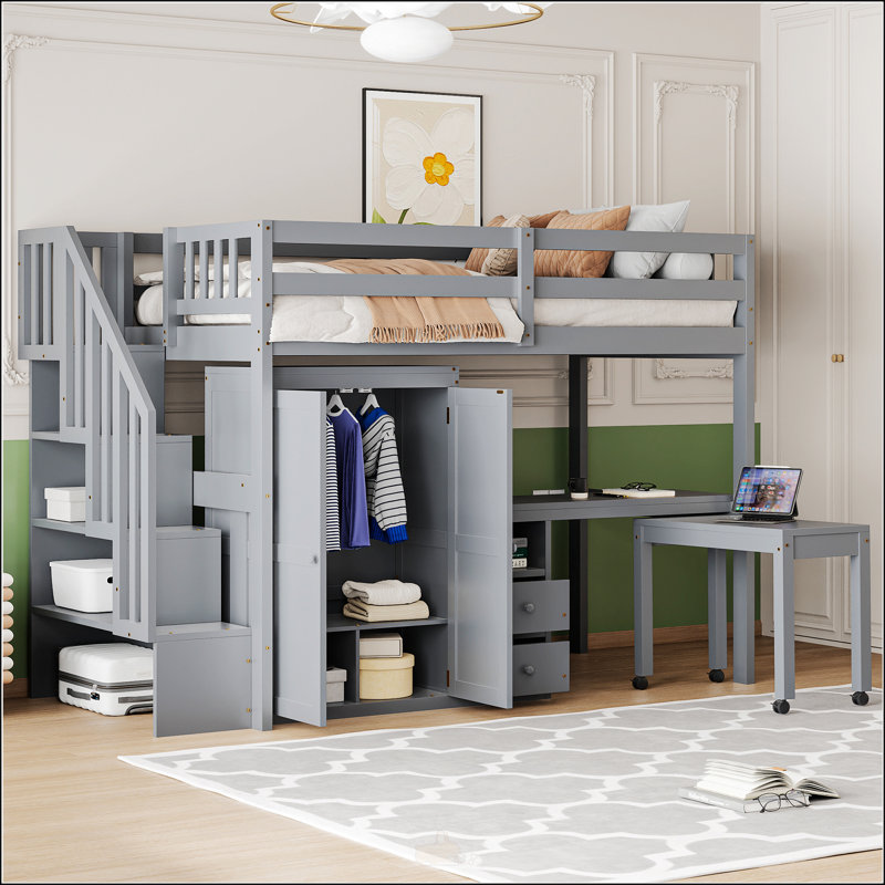 Lit mezzanine simple avec escalier, Gris, Lit simple